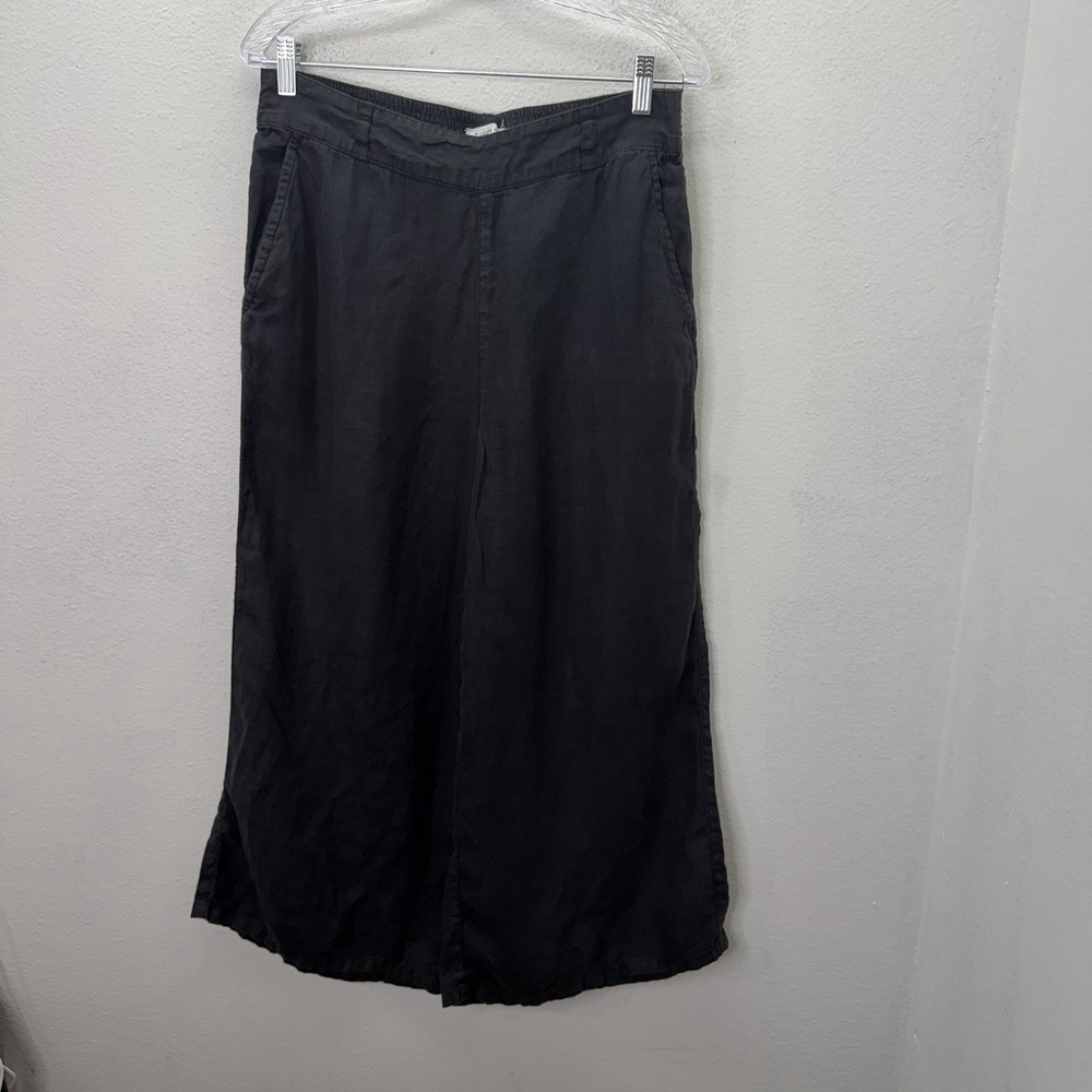 Halston Pants Womens M Black Wide Leg Cropped 100% Linen Minimalist Boho Pull On